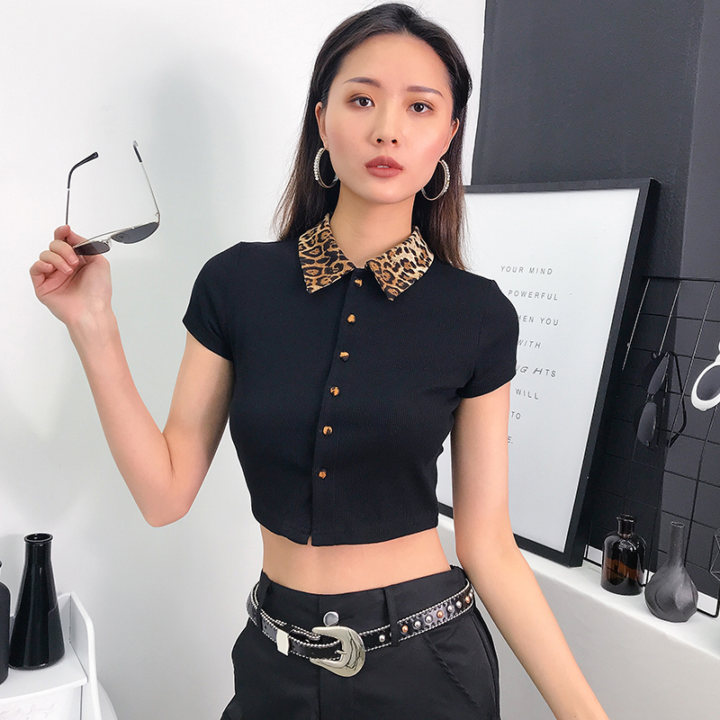 

SUCHCUTE Single Button Turn-down Collar Leopard Printed Crop T-Shirt Woman Casual Korean Cotton Basic Black Harajuku Tee Shirt Y200111, Black t-shirt