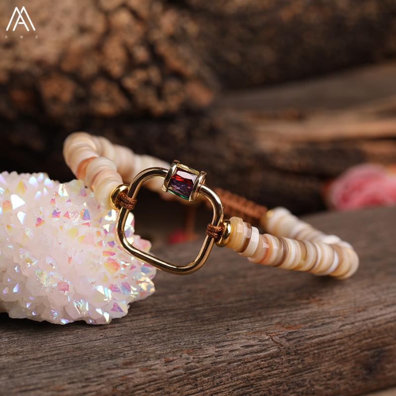 

Charm Bracelets Gold Copper Carabiner Spiral Lock Clasps Charms White Natural Shell Rondelle Heishi Beads Braided Adjustable Bracelet For Wo