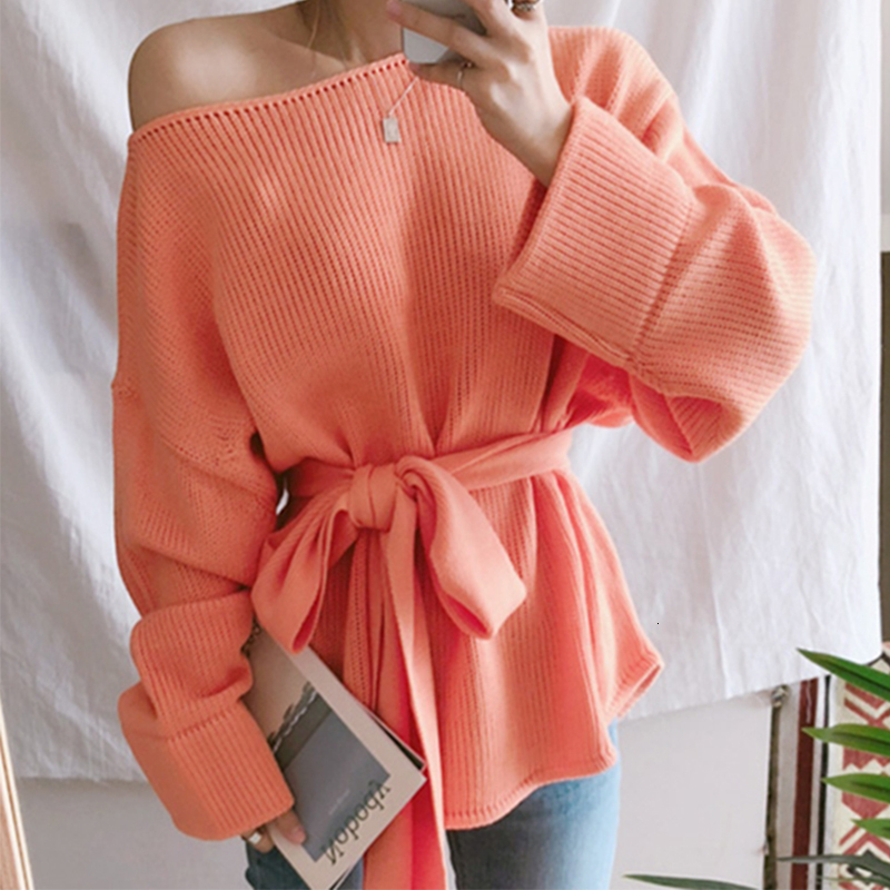 

2021 New Women's Autumn Off Shouder Slash Jumpers Malha Lace Up Sw5203 W3AV, Orange