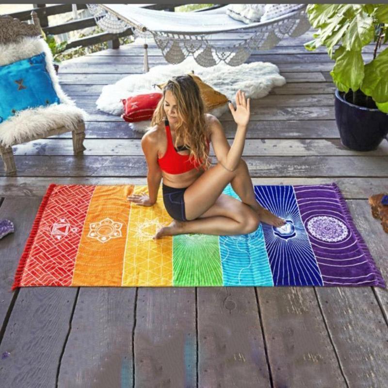 

Polyester Bohemia Wall Hanging India Mandala Blanket 7 Chakra Colored Tapestry Rainbow Stripes Travel Beach Yoga Mat1