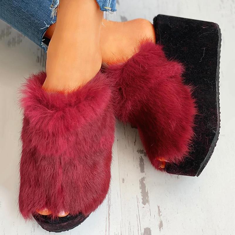 

Fashion Summer Wedge Women Fur Slippers Fluffy Fur Slides Soft Platform Shoes Home Slippers Woman Furry Flip Flops1, Black