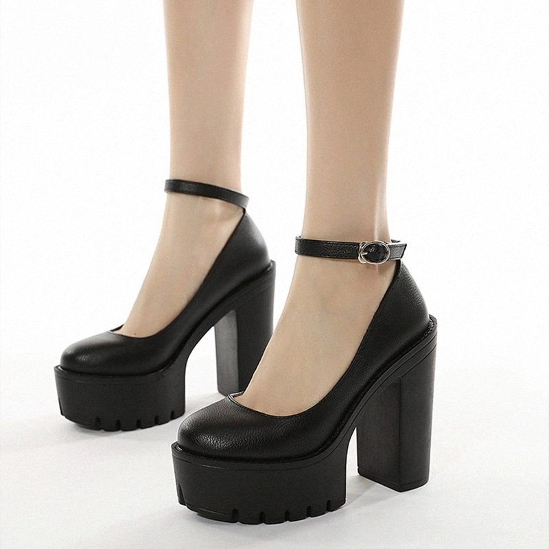 

Ladies Buckle Pumps Plus Size Women's Gothic Punk High Heels Woman Platform Square Heels 2020 Female Thick Bottom Women Shoes #kA56