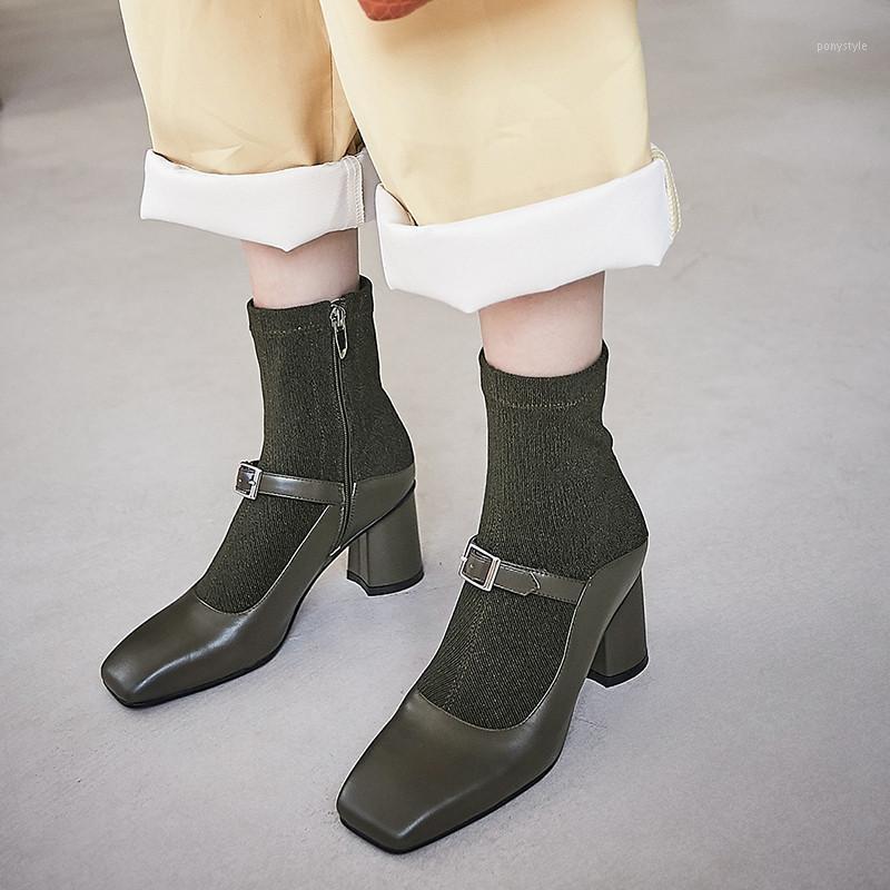 

YMECHIC Leather and Knit Stretch Fabric Ankle Bootes for Women 2020 New Autumn Fashion Gothic Patchwork Chunky Heel Women Shoes1, Black