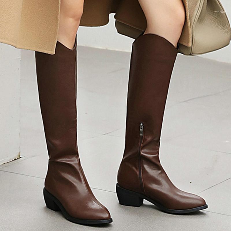 

Women Round Toe Square Heels Knee High Boots Fall Winter Fashion Zipper Casual Boots Woman Black Brown White Shoes 20201