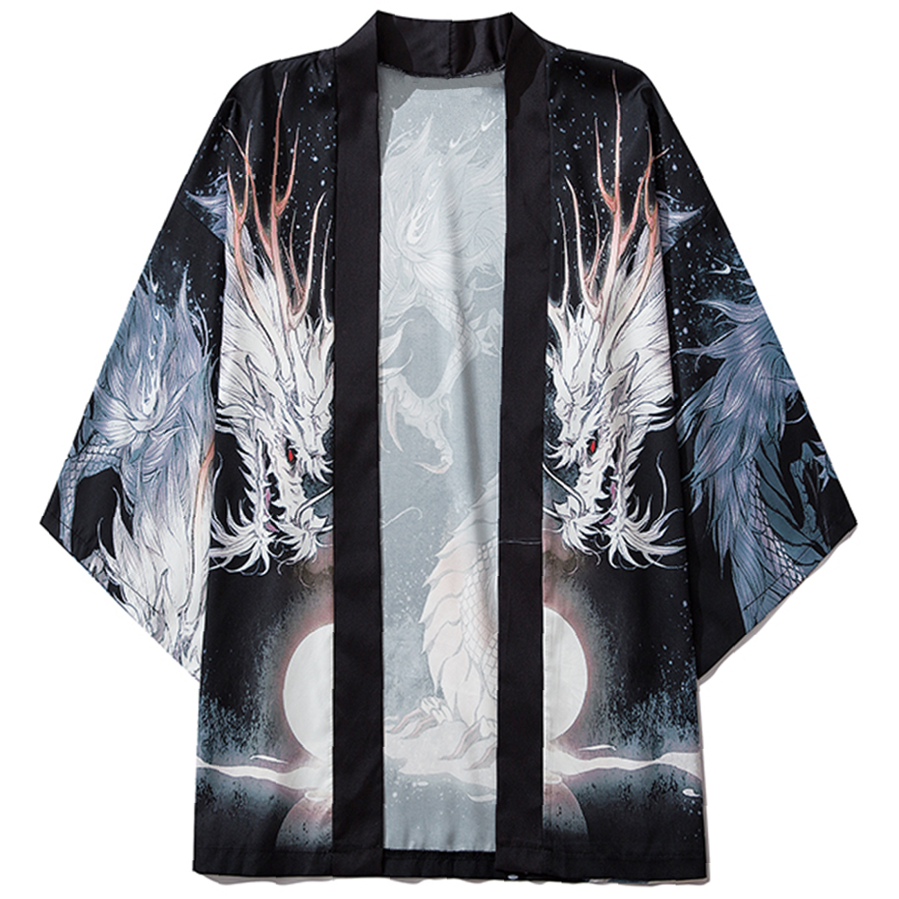 

2021 New Aelfric Eden Harajuku Japanese Jacket Summer White Dragon Print Loose Shirt Japan Streetwear Front Open Coat Kimono Degu, Black