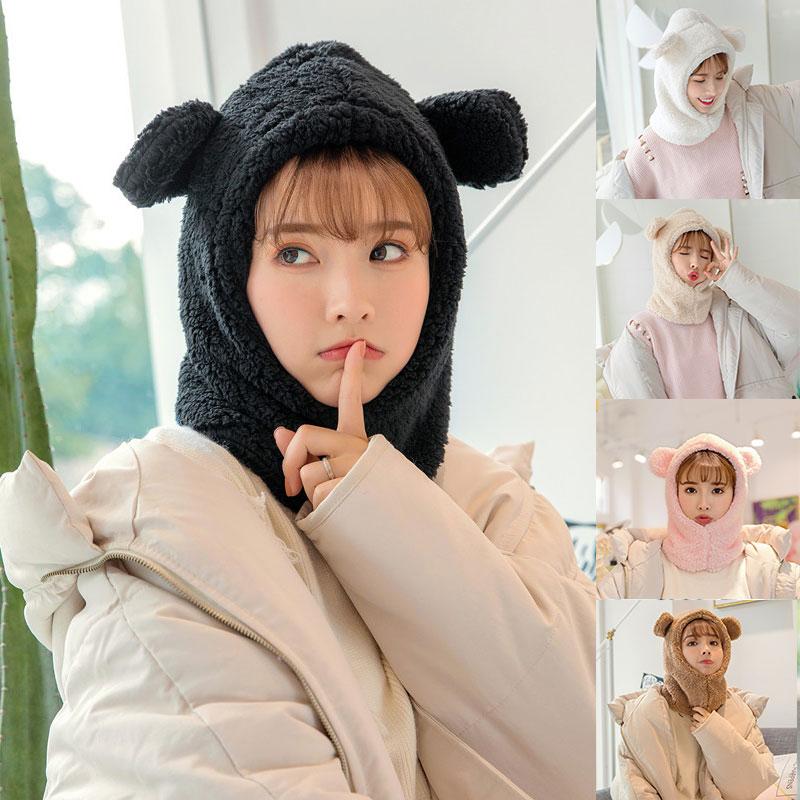 

New Fashion Women Winter Cute Bear Ears Warm Hat Windproof Cap Student Women Solid Color Add Wool Cap Female Hat Present, Black
