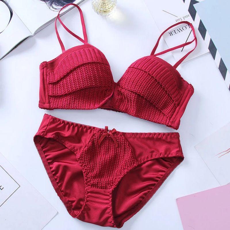 

Sexy Bra Panties Suit Women Lingerie Solid Color Girl Knitting Thread Without Steel Ring Gather 1/2 Cup Brassiere+ Underwear Set, Pink