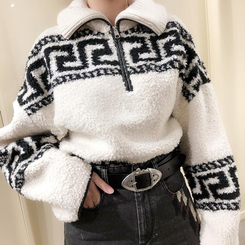 

Women and Men Turn-Down Collar Sweater Half Zipper Retro Pattern Long Sleeve Female Pullover Autumn Winter New, As pic