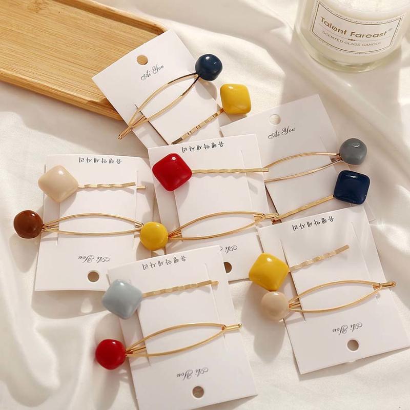 

2PCS Fashion Acrylic Hair Accessories Women Barrettes Stick Gold Pins Geometric Square Round Candy Color Hairpins Girls Jewelry