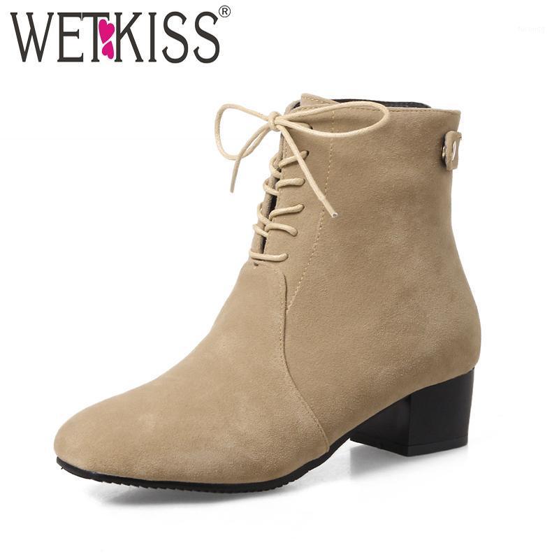 

WETKISS Autumn 2020 New Woman Ankle Boots Flock Short Plush Shoelaces Footwear Winter Fashion Boots Square Toe Female Shoes1, Beige