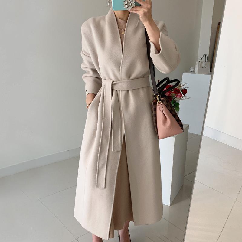 

Over Knee Style Turn-down Collar Long Long-sleeved Solid Color Minimalist Woolen Overcoat With Belt 2020 Winter New, Black