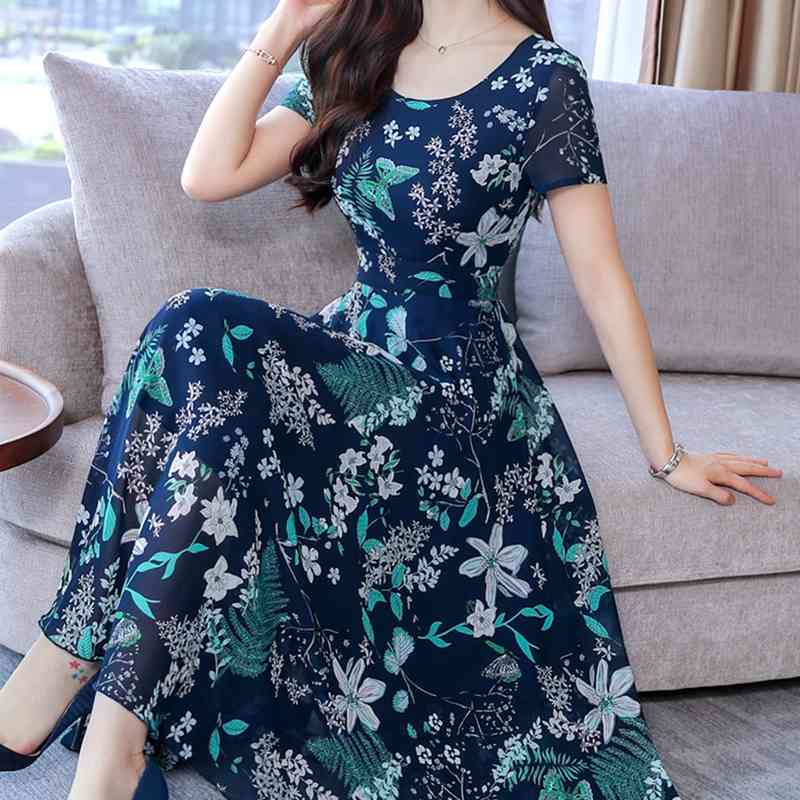 

Summer Korean Version Casual Long Dress Women Elegant Grace Floral Fashion High Waist Slim Pleated Midi Holiday, Black;gray
