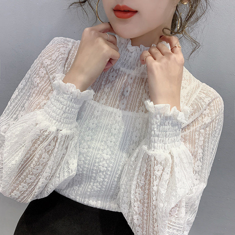 

2021 New Flower Fashion Embroidered Mesh Blouse Sexy Transparent Shirts Stretcher Women's Blouses Fold Puff Tops WYOT, White