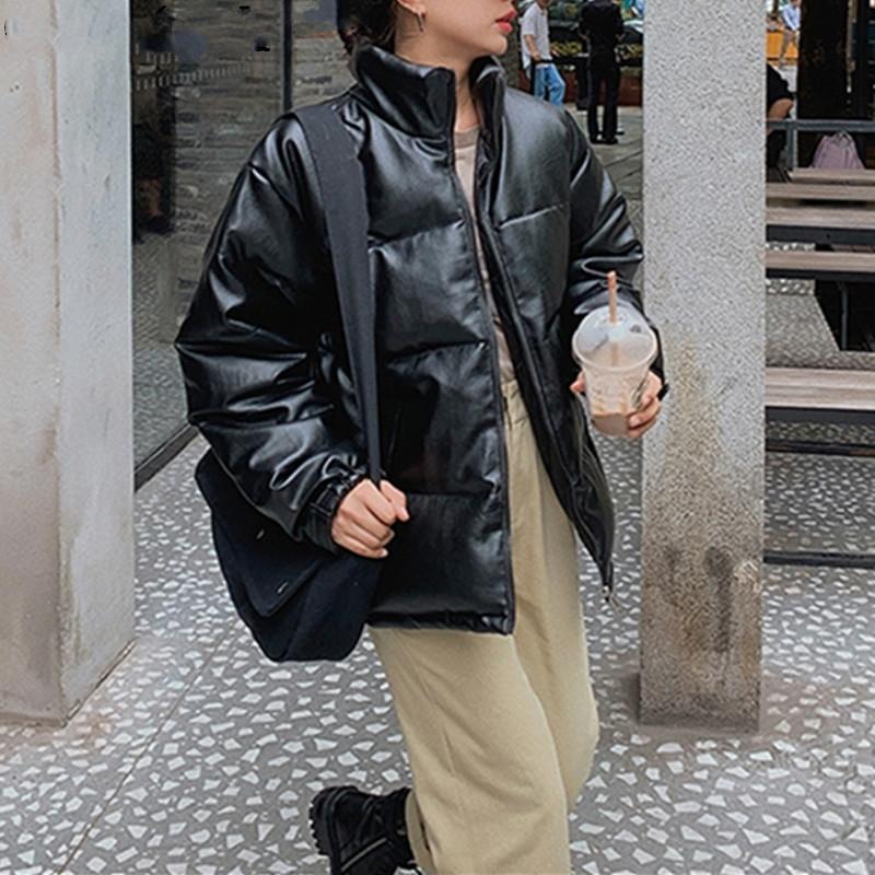 

New 2021 Autumn Woman Winter Coats And Jackets Oversize Quilted Puffer Parkas High-Quality Warm PU Leather Short Coat, Beige
