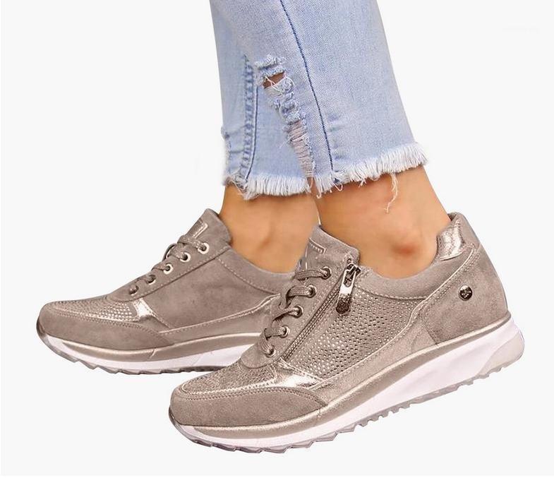 

Women Shoes Gold Sneakers Zipper Platform Trainers Women Shoes Casual Lace-Up1, Gray