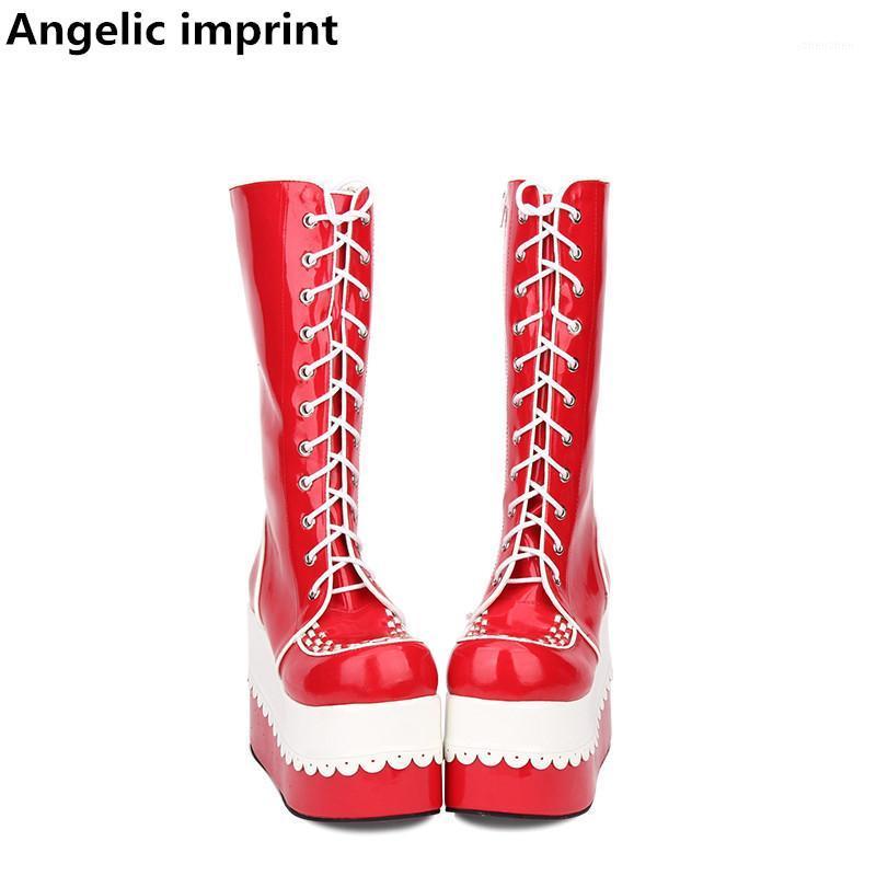 

Angelic imprint mori girl Women motorcycle shoes lady high wedges heels lolita punk boots woman princess dress pumps lacework 471, Red pl