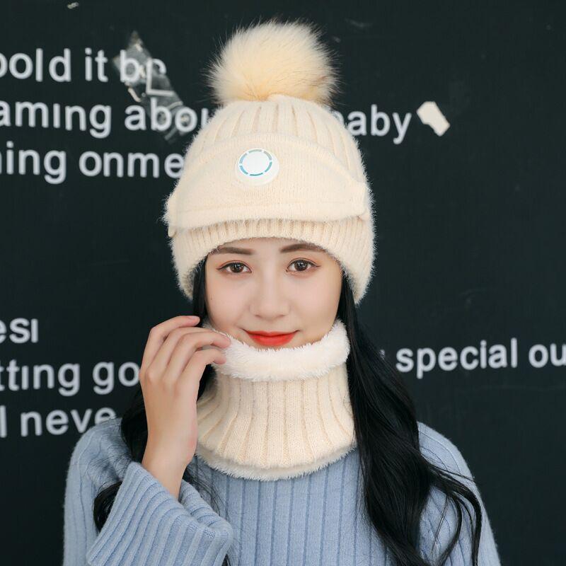 

Winter Hats 3 Pcs/set For Women Breathing Mask Wool Blend Knitted Hat Pompoms Cap Warm Add Fur Lined Protective Thicken Ski Hat, Beige