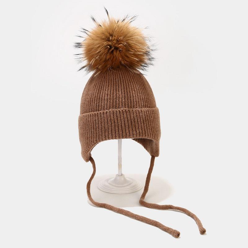 

Winter Hat Teenagers Earflap Pompom Women Knit Beanie Skiing Warm Raccoon Fur Outdoor Accessory For Girls, White