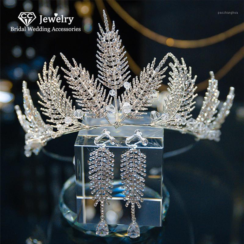 

Crown Tiara Earring 2pcs Sets Vintage Wedding Hair Accessories For Women Bridal Hairwear Jewelry Charms Leaf Shape Party M146 Clips & Barret, Golden;silver