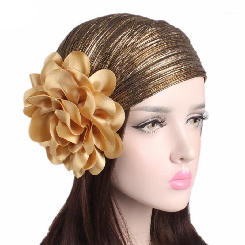 

2020 New women hats luxury flower metallic turban hats caps dome caps head wrap Europe style india women beanies skullies1, Gold
