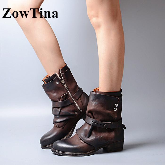 

Women Fashion Winter Boots Genuine Leather Knight Botas Mujer Vintage Sapato Feminino British Straped Booties Chaussure Femmes, As pic