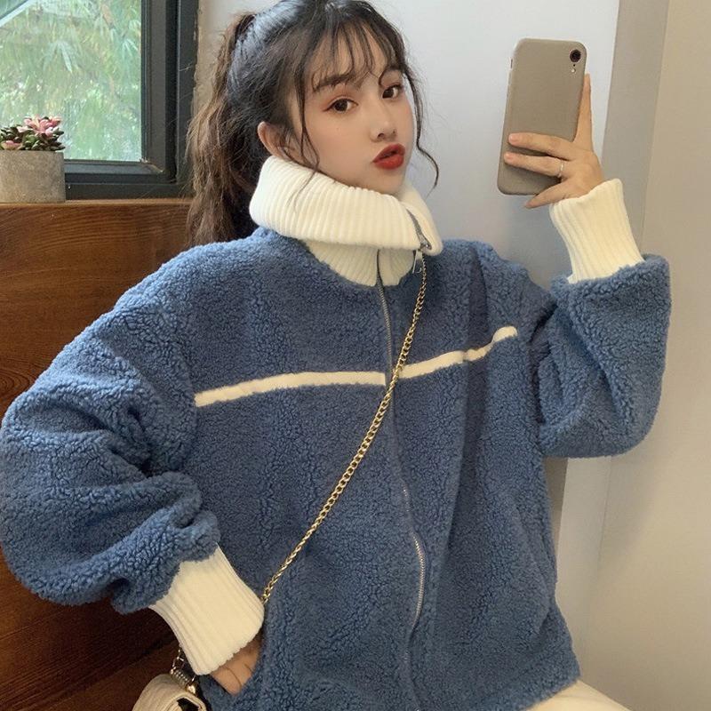 

Winter lamb wool coat women's tide super fire thick autumn and winter short wild plus velvet thick baseball uniform, Blue