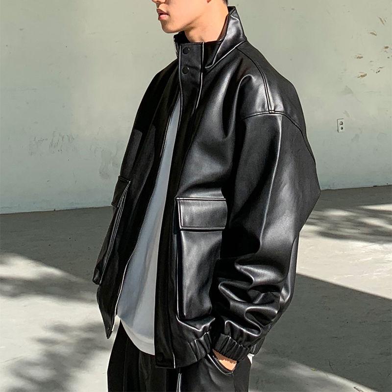 

Korean Style Short Leather Jacket Men's Fashion Casual Black Motorcycle Jackets Mens Streetwear Loose Hip-hop Bomber Jacket Men