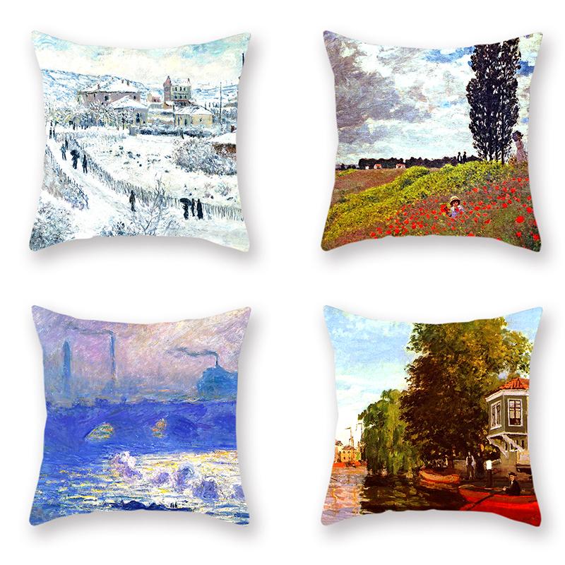 

4pcs Scenery Series Cushion Covers Landscape Field Oil Painting Style Pillowcases Sofa Decorative Cover Living Room Home Decor, Polyester-05