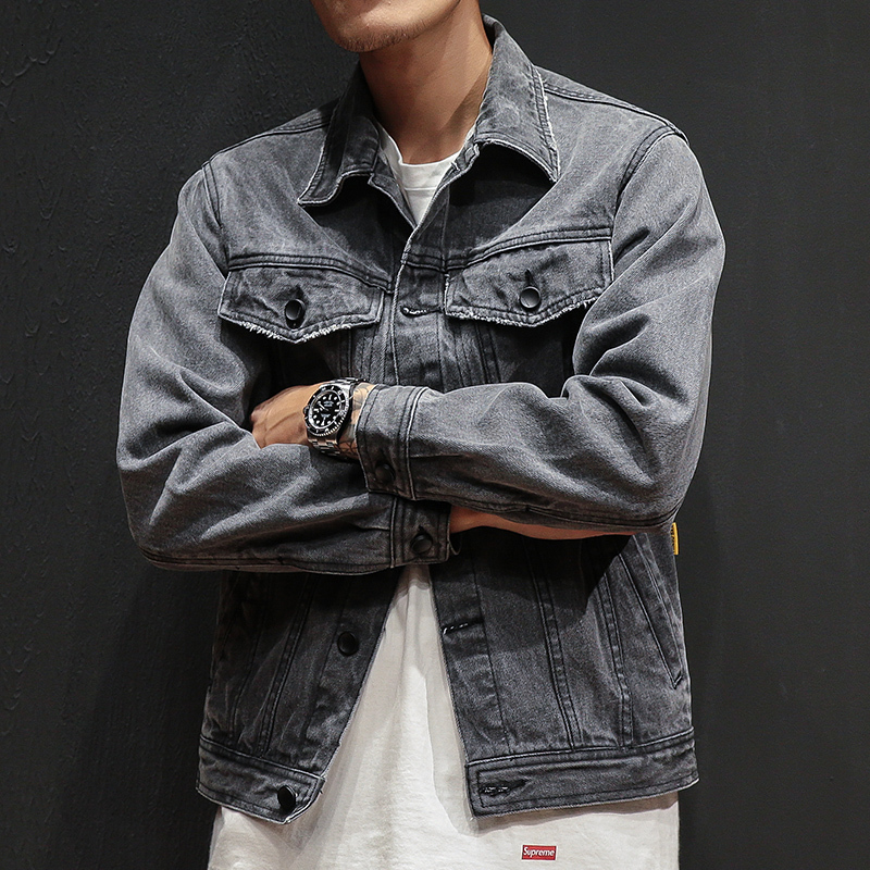 

2021 New Spring Hip Hop Style Loose Denim Men, Solid Color Gray Men's Cowboy Jacket Casual -xxl Eb8h