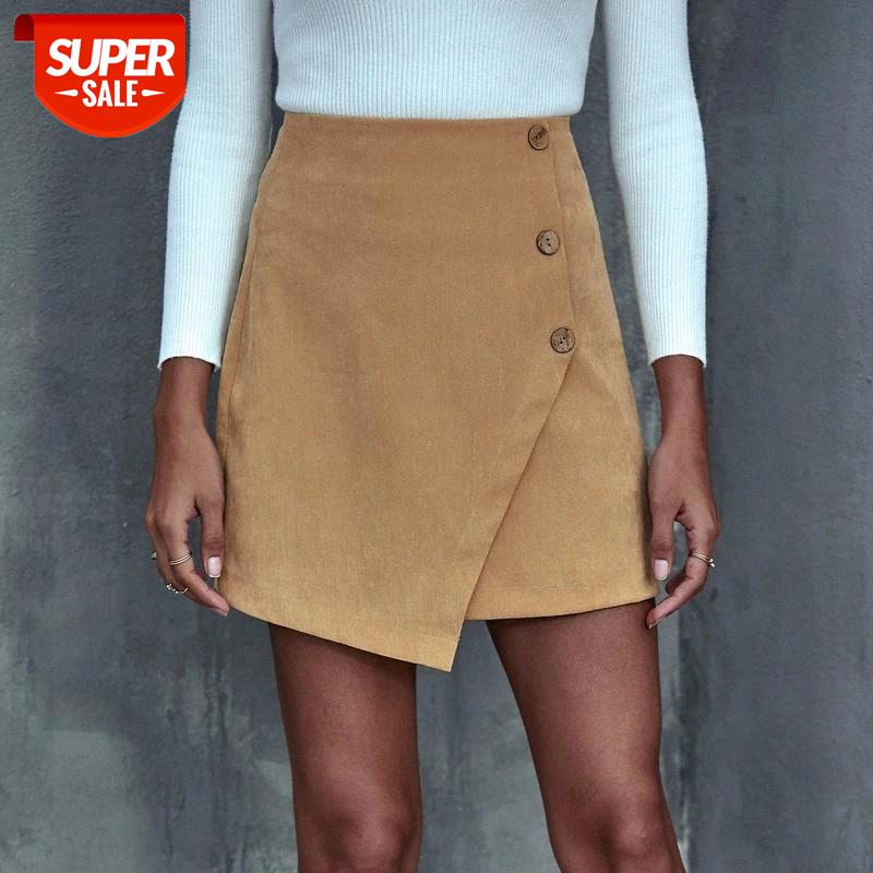 

A-Line Skirts for Women Solid Color Irregular Hem Slim Fit Mini Skirt Girls Fashion Buttons Decor Female High Waist Skirts #Kn10, White;black