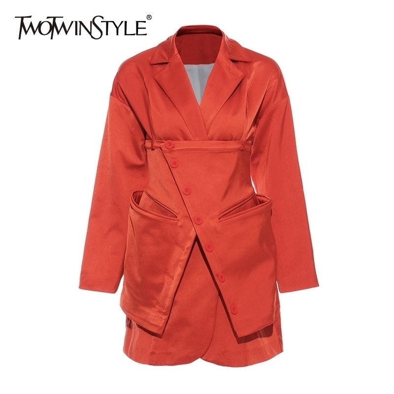 

TWOTWINSTYLE Casual Loose Women Blazer Notched Collar Long Sleeve High Waist Asymmetrical Suits For Female Fashion Clothing Tide 201201, Red