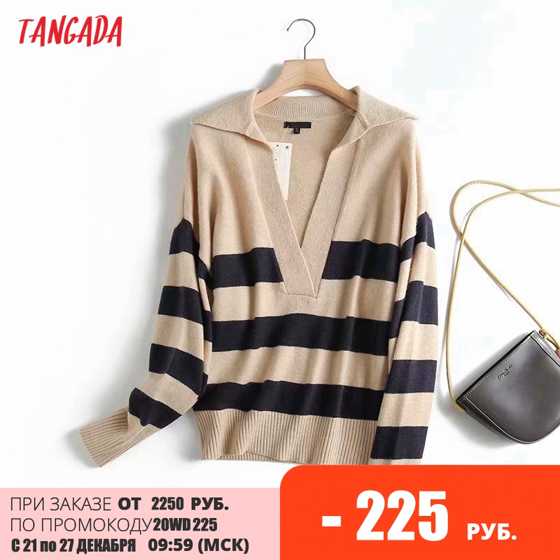 

Tangada Women 2021 Fashion Striped Knitted Sweater Jumper Female Elegant Oversize Pullovers Chic Tops 4C175, Multi
