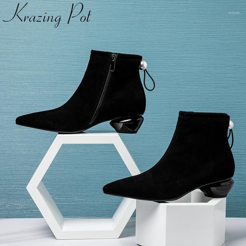 

Krazing pot comfortable kid suede pointed toe strange style pearl concise warm winter shoes office lady work ankle boots L8f31, Black