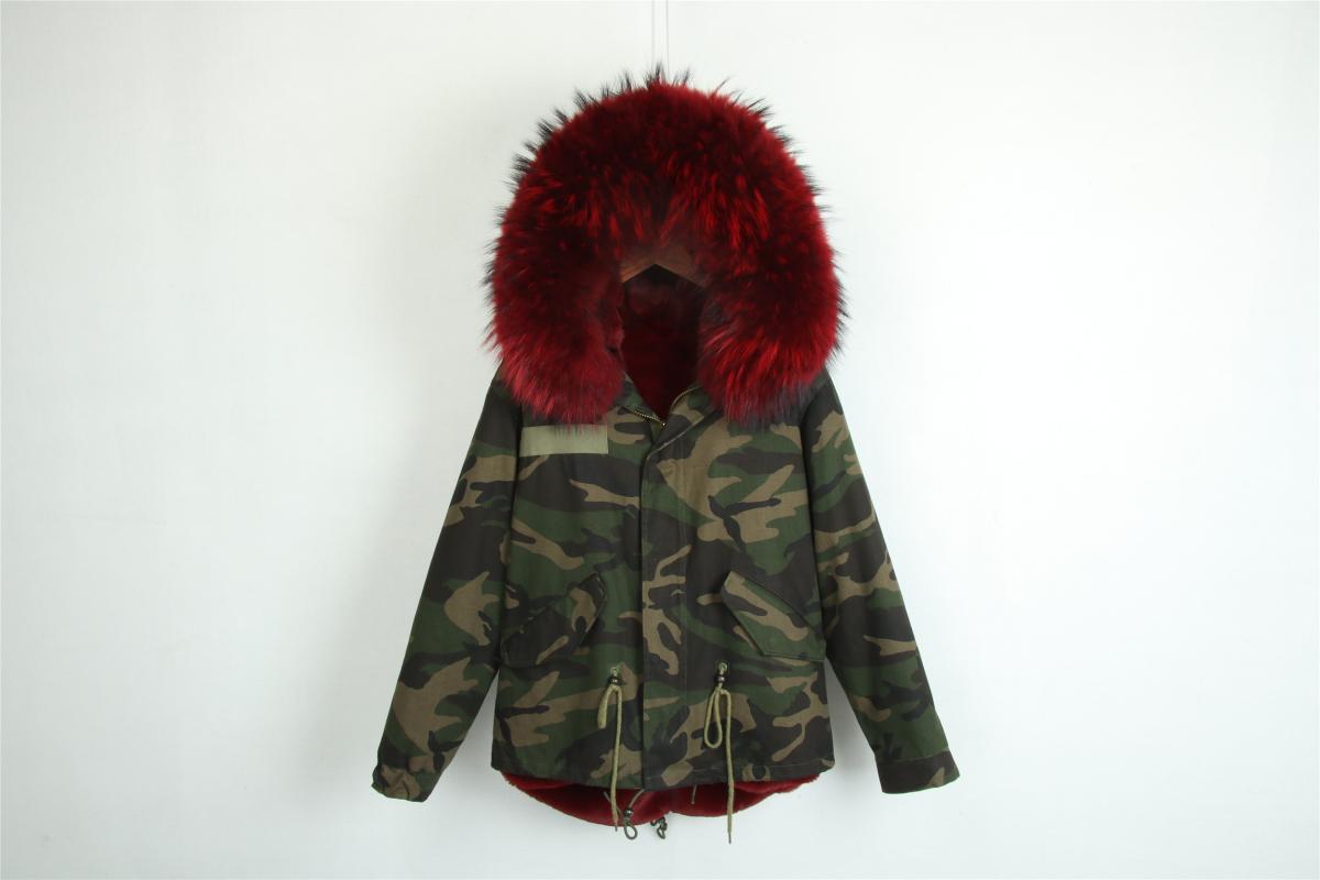 

New Design Camouflage Short Parka Wine Red Faux Fur Lined Coat With Collar For Women Winter Outwear, As pic