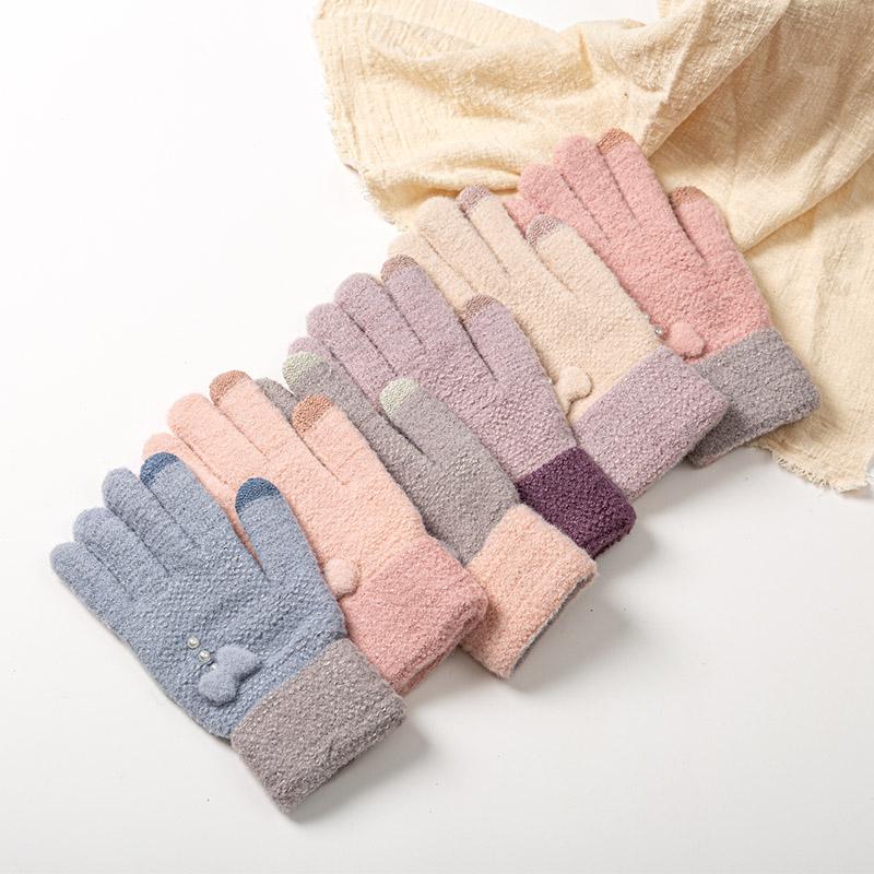 

Five Fingers Gloves Fashion Knitted Female's Winter Bow-knot Pearl Decoration Women Outdoor Full Finger Thick Keep Warm Lady Mittens