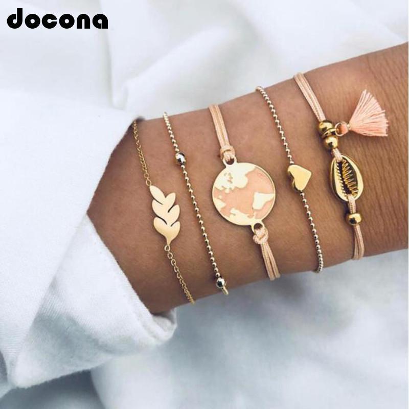 

Women Girl Bohemian Heart Map Leaf Shell Layered Adjustable Bracelet Set Tassel Pendant Beads Bracelets Bangles 40001