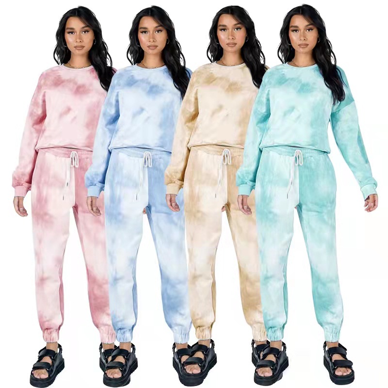 

Autumn and Winter Tie-dye Round Neck Pullover Trousers Women's Urban Casual Long-sleeved Sweater Suit, Gray