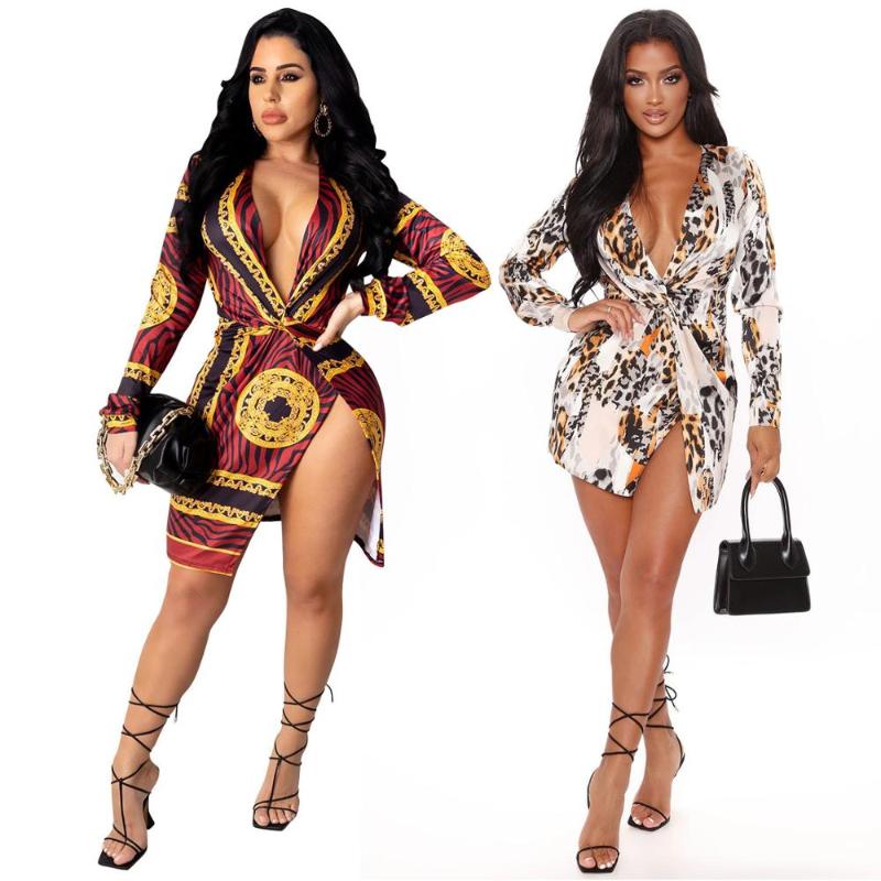 

Fall Women Vintage Printed V Neck Front Slit Dress Women Long Sleeve Skinny Night Club Dress, White