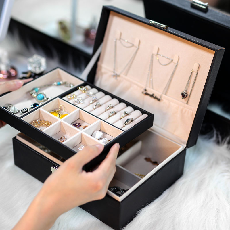 

Large Double Layer Jewelry Organizer Earring Pendant Necklace Storage Box PU Leather Glasses Watch Women Cosmetics Lipstick Box