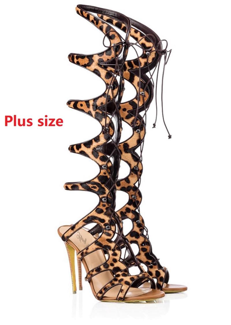 

Women Leopard Print High Heels Roman Gladiator Bandage Sandals Boots Lady Knee High Ankle Strap Shoes Large Size Hollow Boot, Black