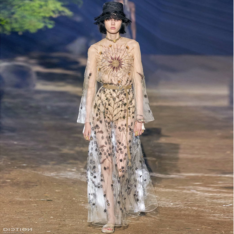 

Spring and Summer Sexy Lace Tulle Flower Embroidered Boho High Quality Fashion Designer Walk Party Maxi Dress Pxbq, Multiple