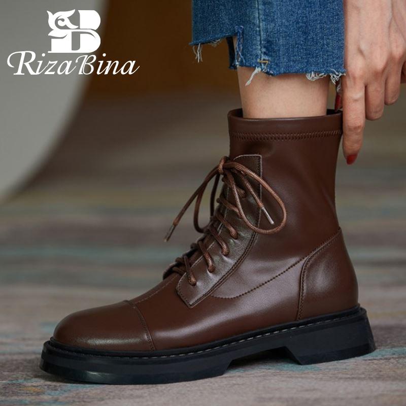 

RIZABINA Real Leather Women Ankle Boots Cross Strap Round Toe Flats Shoes Winter Warm Boots Women Daily Footwear Size 34-43, Black