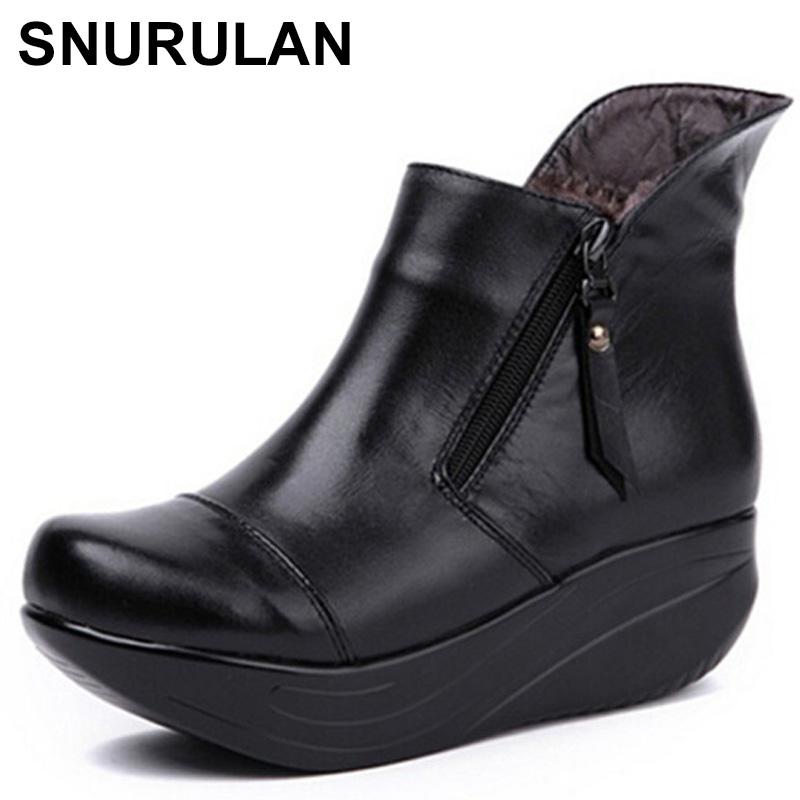 

SNURULAN Vintage Zipper Women Boots Black Genuine Leather Wedges Swing Shoes Warm Plush Winter Shoes Round Toe Platform