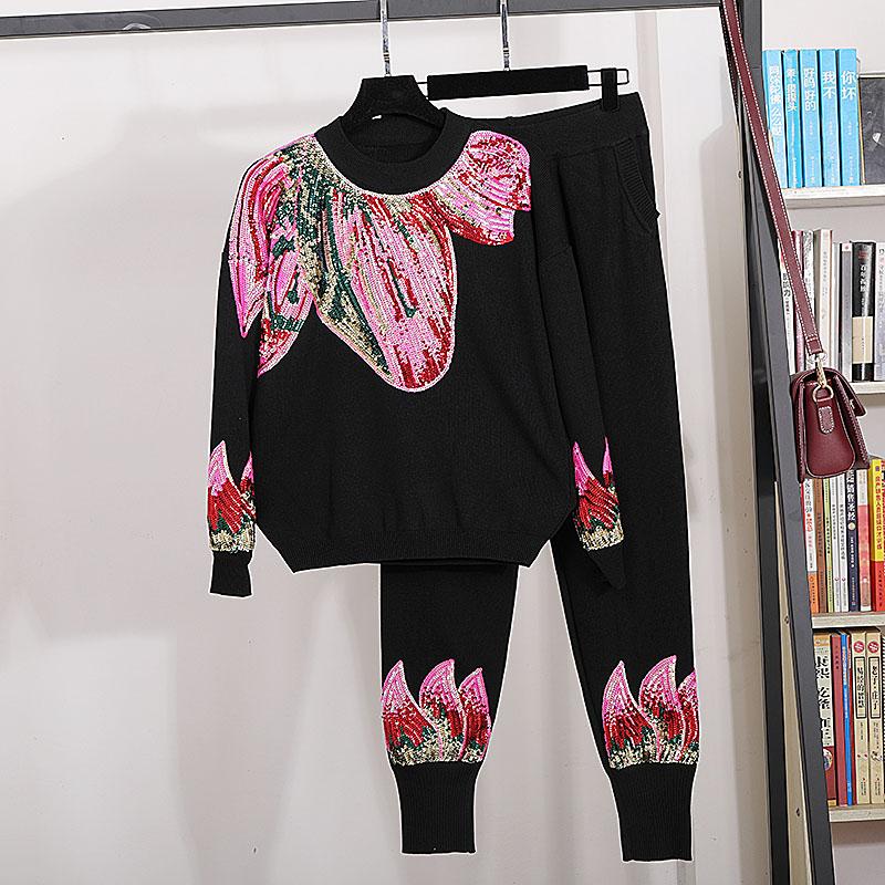 

Handwork Sequins Knitted Set Women Tracksuits Pullover Sweater Pencil Pants Two Piece Outfits Female Loose Casual Knitting Suit, Black