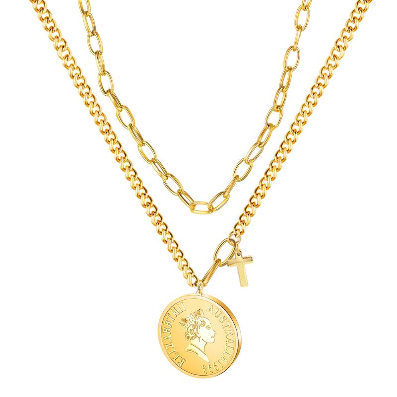 

Chokers FIREBROS 2021 Gold Color Stainless Steel Cross Queen Elizabeth Portrait Pendant Layered Chain Necklace Choker Women Kpop Jewelry