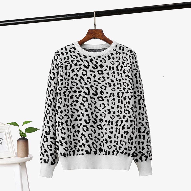 

2021 New Autumn Winter Women Sweaters Leopard Knitted Pullovers Long Sleeve Contrast Color Crewneck Jumpers Sweter Mujer 2ge1, White
