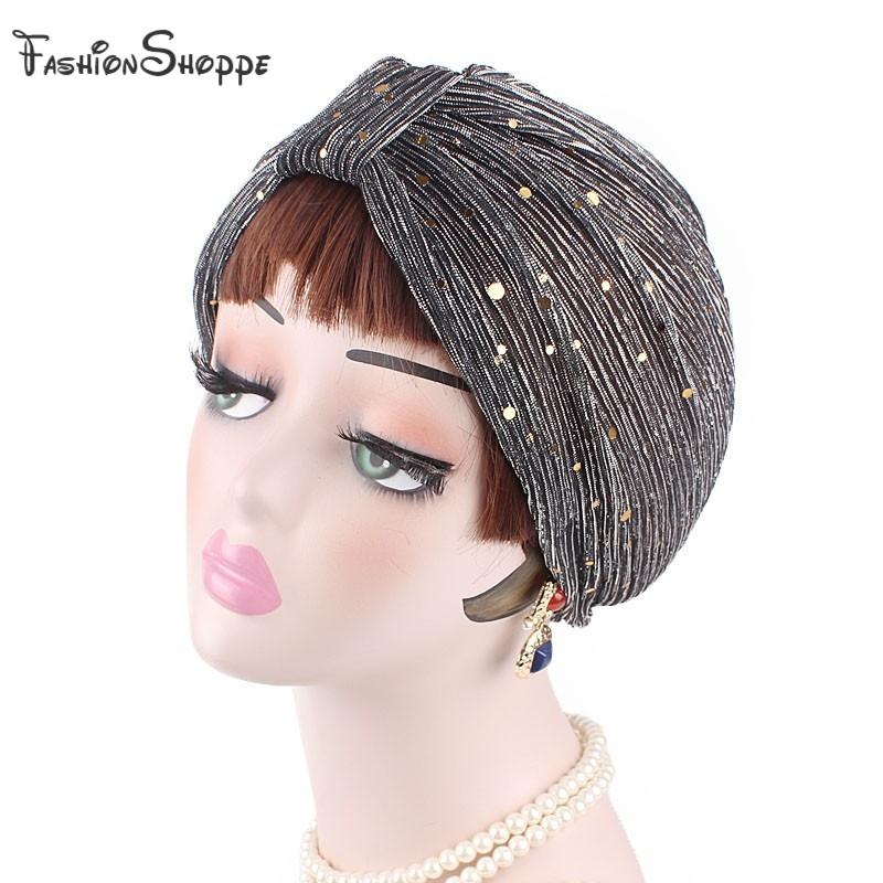 

Muslim Hat Sequined Ruffleurban Dome Cap Headwear for Chemo Twist Hijab Head Scarves Ladies Bonnet Cap Turbante #YS416, Black