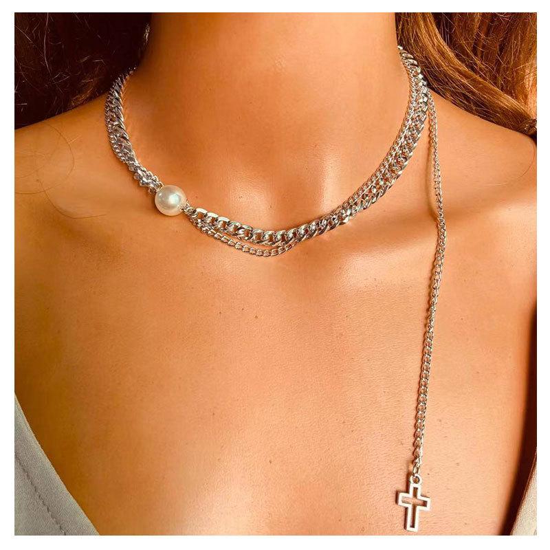 

Vintage Trendy Chunky Chain Necklace Silver Colour Cross Pendant Necklace 2021Hiphop Women Statement Jewelry Fashion Accessories