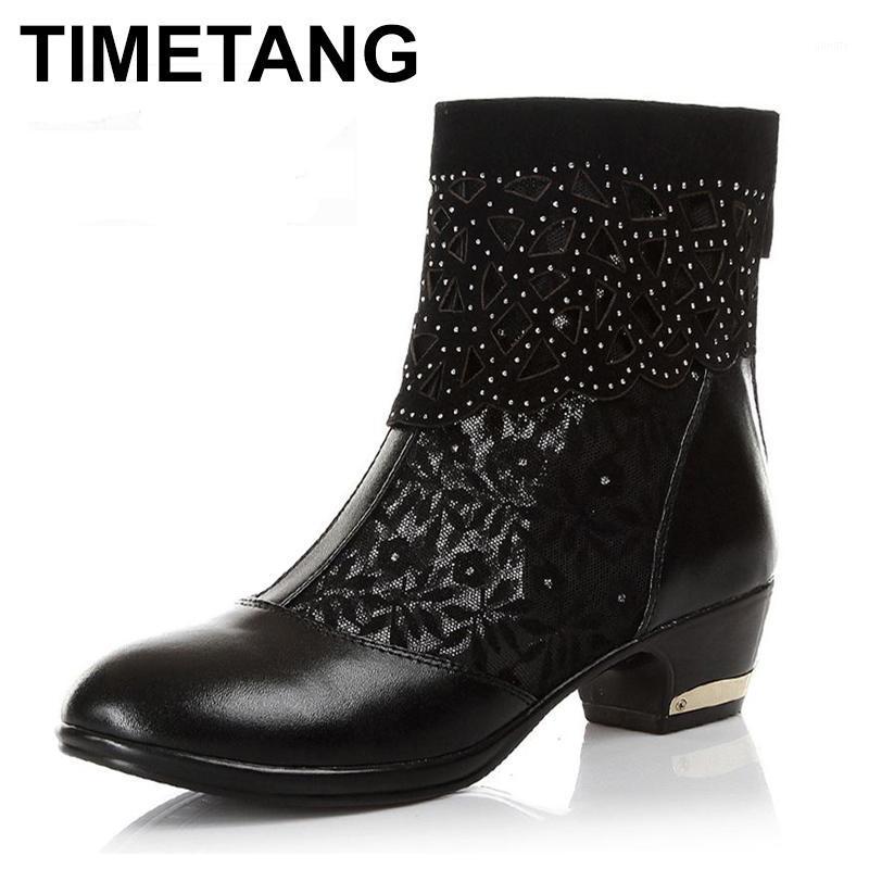 

TIMETANG Motorcycle women summer boots 2020 thick heel women genuine leather boots fashion shoes lace ladies fashion1, Black
