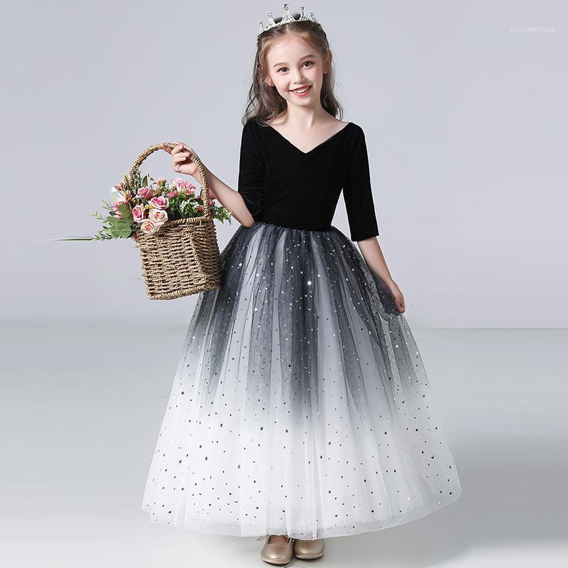 

Little girl black big V-neck birthday party dress communion dress skirt gradient pearl temperament1, As pciture